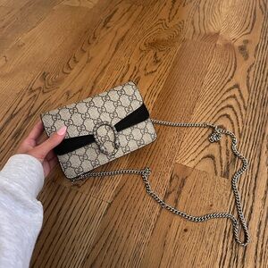Gucci Beige GG Supreme Canvas Crossbody with Black Trim and Silver Chain